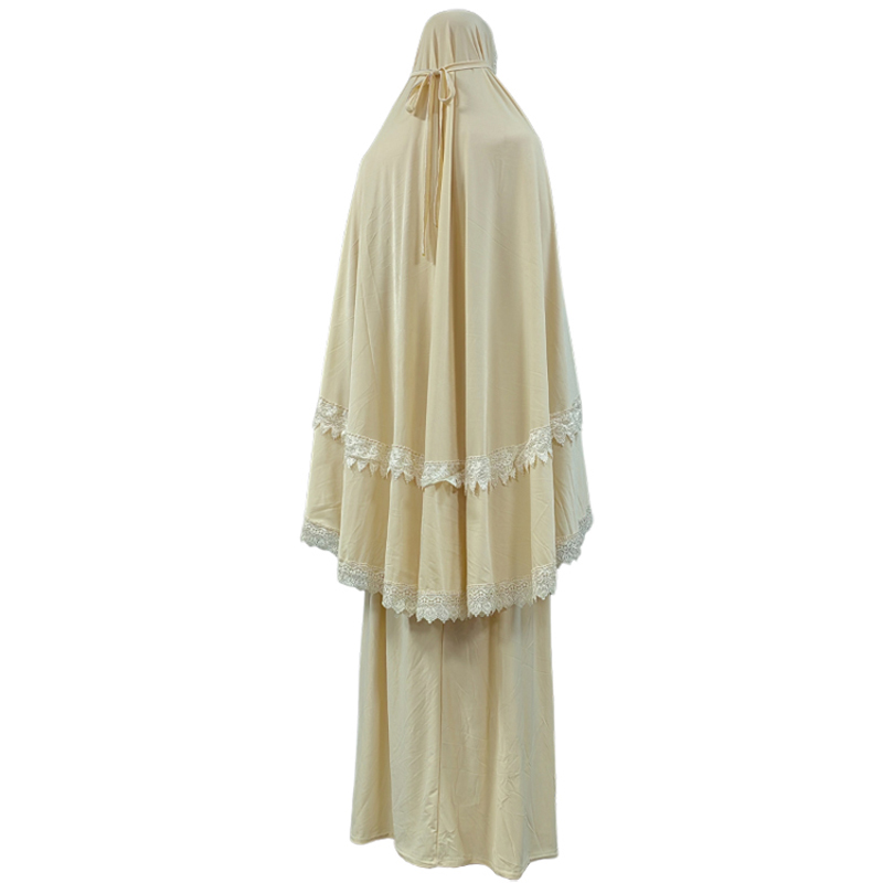 Two-piece set of fashionable and hot-selling lace-trimmed headscarf long dress for ladies, elegant solid color factory direct sales, loose daily ceremonial dress, hot-selling Item Picture