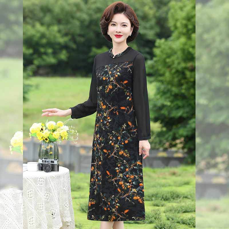 Autumn collection new mom's floral dress, knee-length improved cheongsam, autumn long-sleeved Western-style women's dress for middle-aged and elderly people, one-piece delivery service Specification image