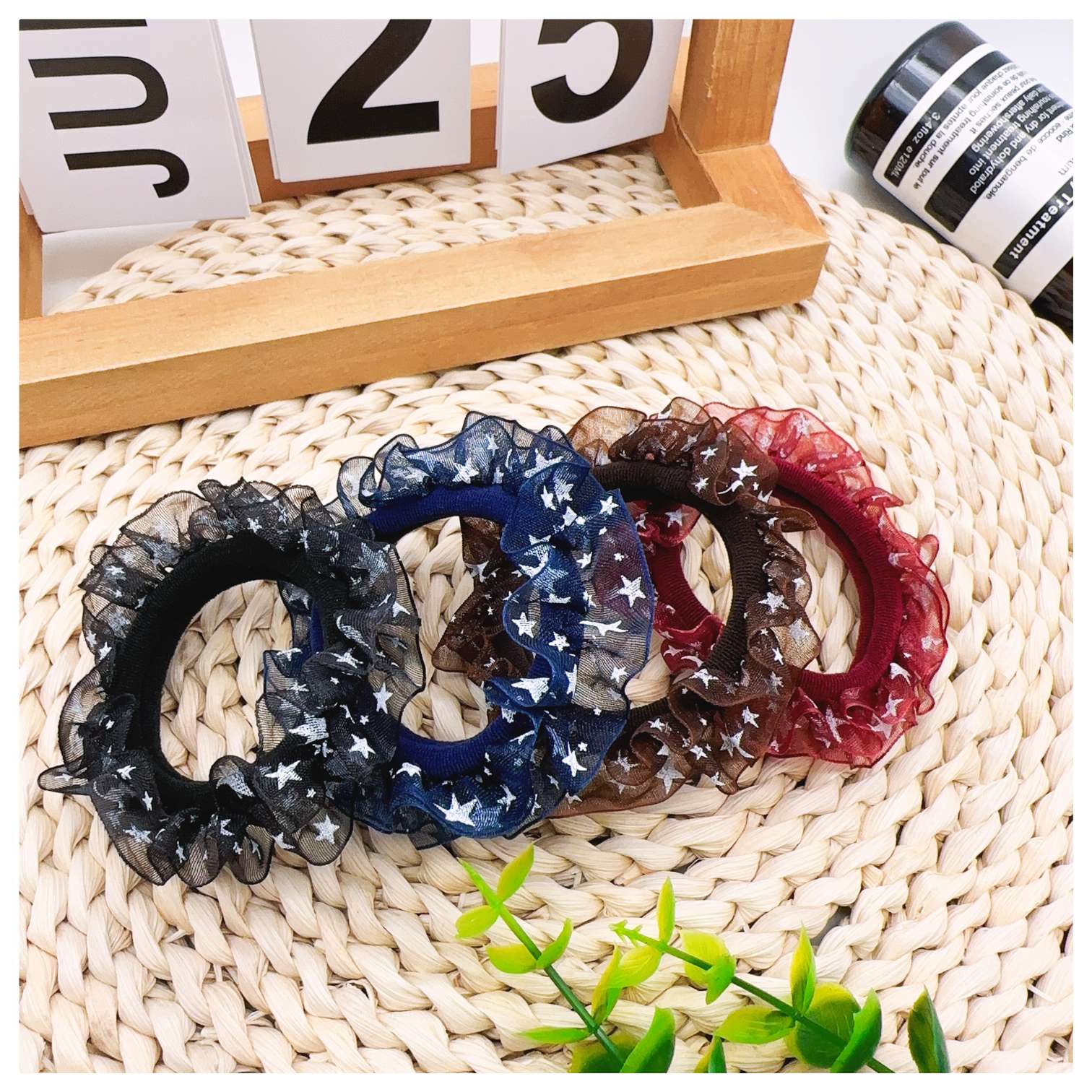 【 100-piece set 】 Printed single-layer yarn knitted leather band hair accessory for adults Item Picture