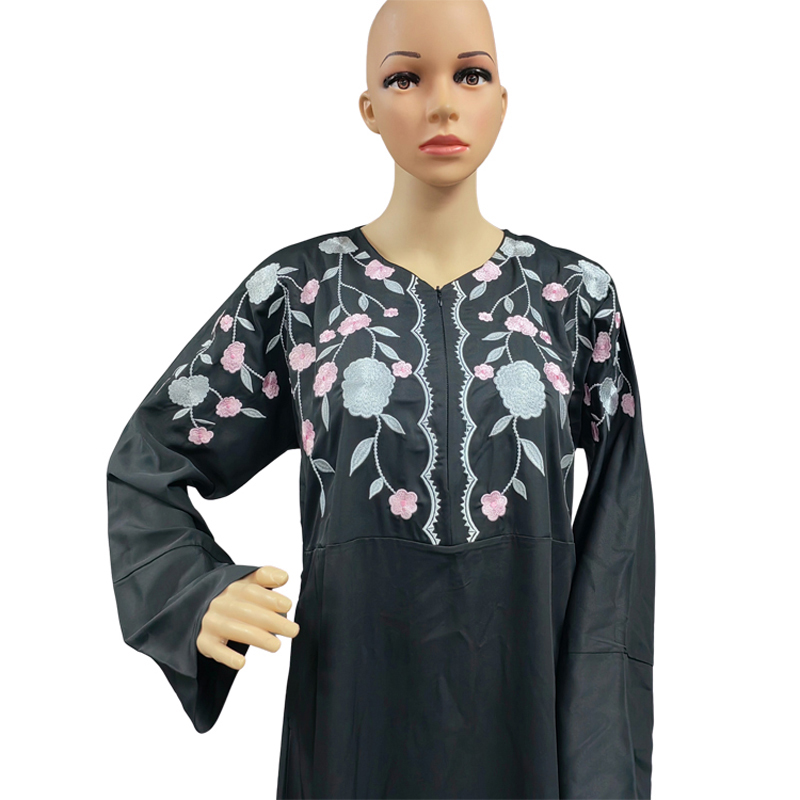 Muslim fashion European and American neckline embroidered solid color factory hot sale direct sales daily ethnic style women's long dress elegant plain color Specification image