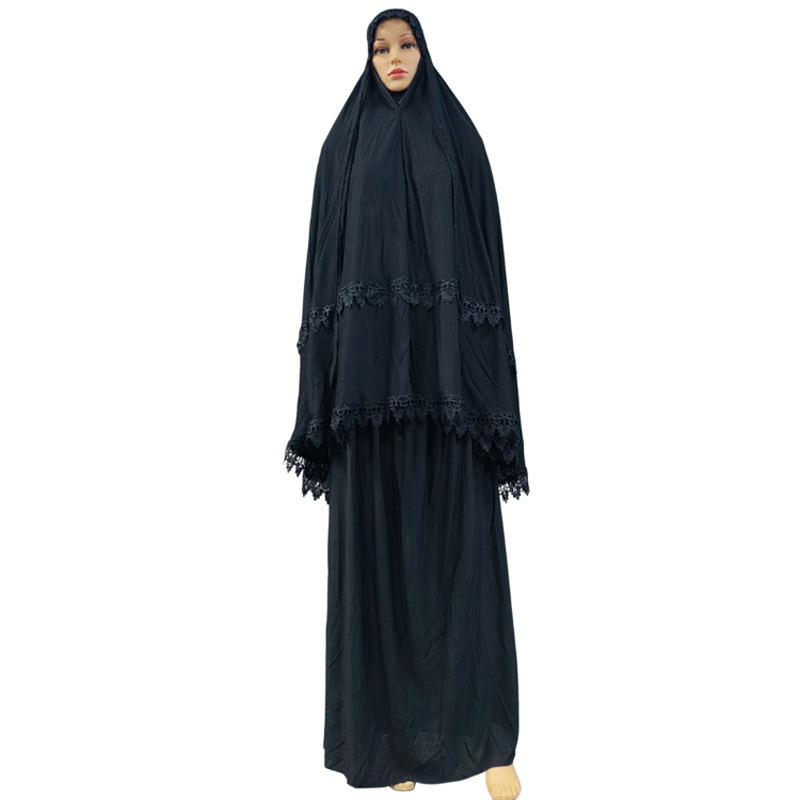 Two-piece set of fashionable and hot-selling lace-trimmed headscarf long dress for ladies, elegant solid color factory direct sales, loose daily ceremonial dress, hot-selling