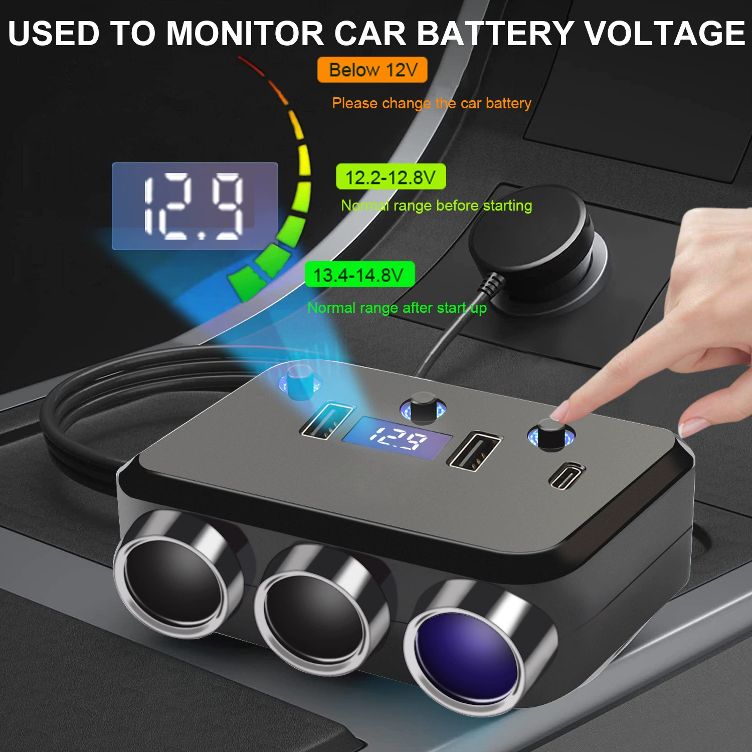 A Car Towed Three Point Cigarette End 12V-24V Power Adapter 3100Ma Independent Switch Output Application Scenario