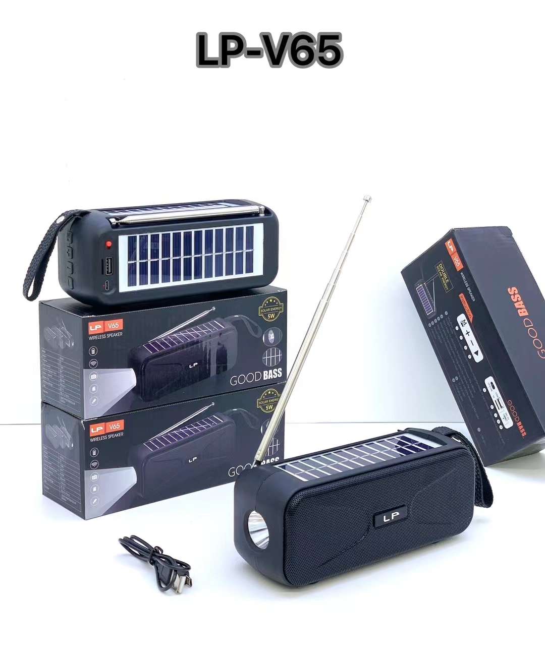 双太阳能板蓝牙音箱LP一V65带手电筒收音机可插U盘TF卡