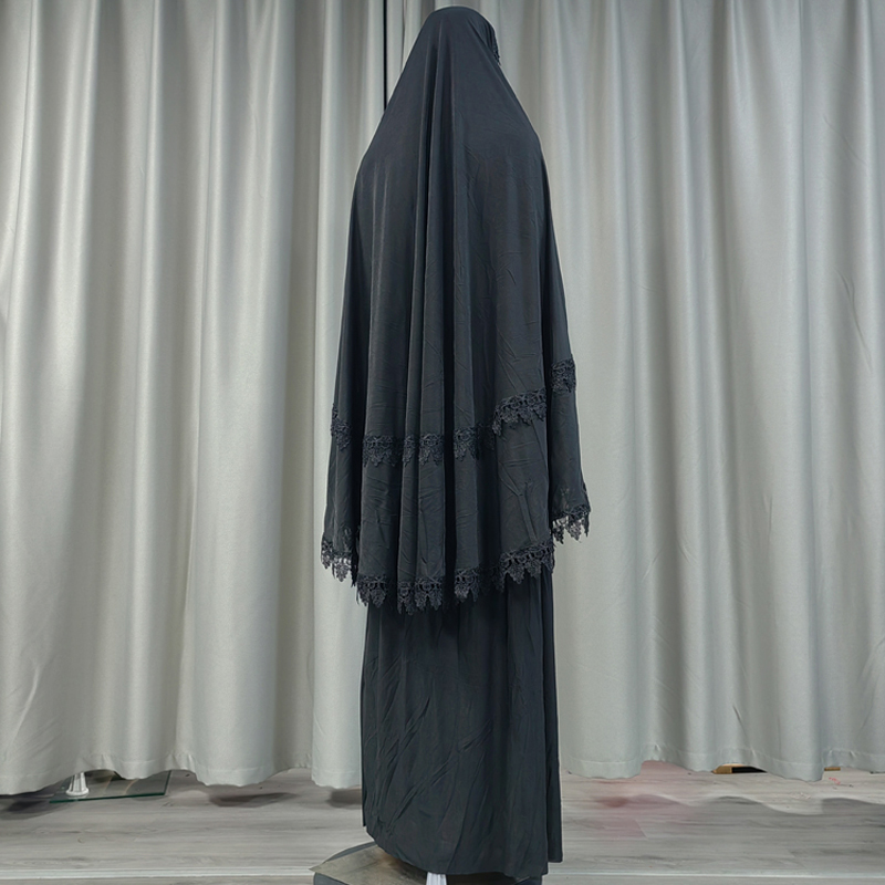 Two-piece set of fashionable and hot-selling lace-trimmed headscarf long dress for ladies, elegant solid color factory direct sales, loose daily ceremonial dress, hot-selling details Picture