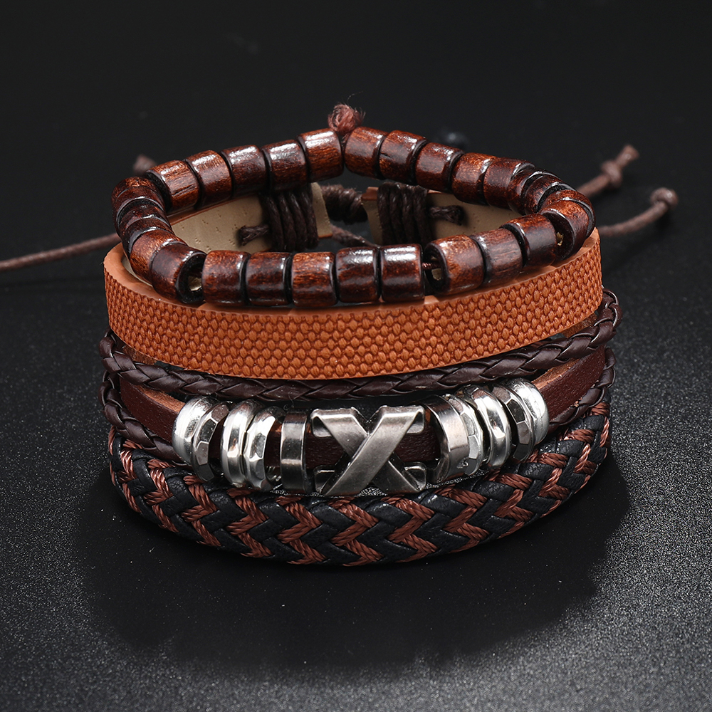 简约手工编织复古男士皮革手链diy四件套多层套装手镯欧美饰品详情3