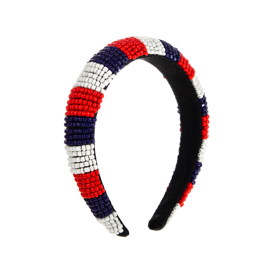 Amazon red, white and blue rice bead hair band, personalized woven beaded sponge wide edge headband, pressure hair accessory Item Picture