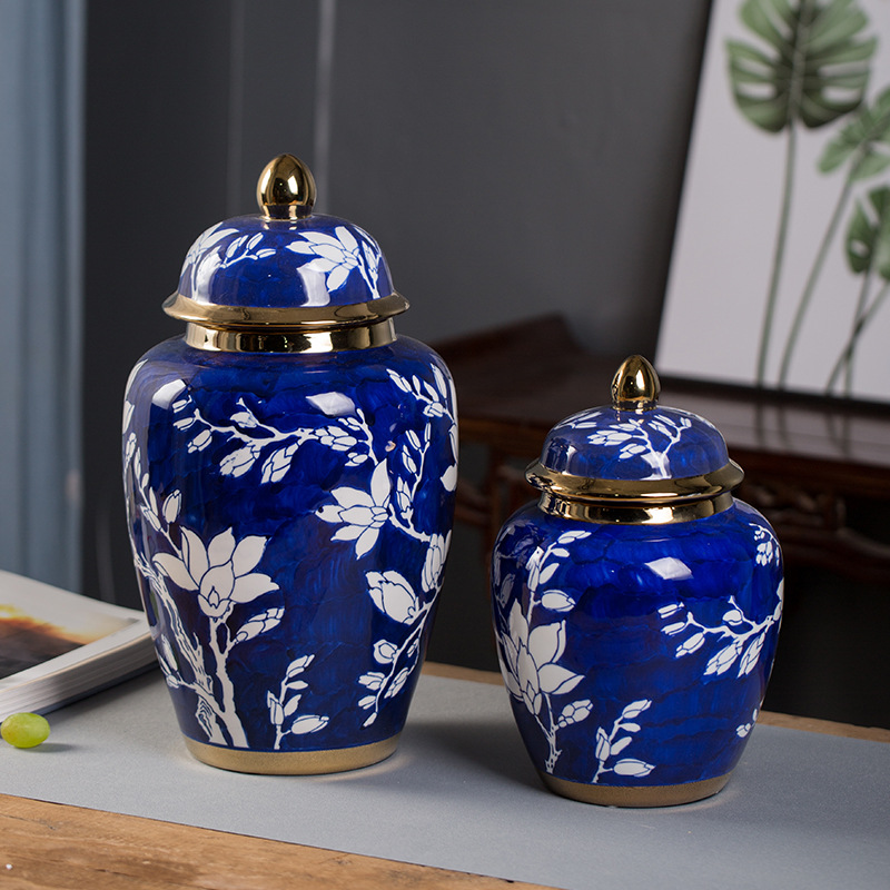 The minimum order quantity for ceramic ornaments is 12 sets. They are large-sized Chinese-style living room and office general jars, featuring real gold enameled flower technique, gold and hand-painted blue and white porcelain vases Specification image