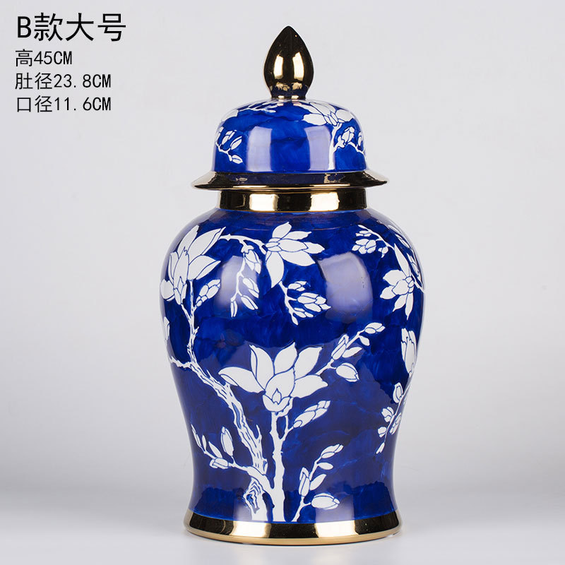 The minimum order quantity for ceramic ornaments is 12 sets. They are large-sized Chinese-style living room and office general jars, featuring real gold enameled flower technique, gold and hand-painted blue and white porcelain vases Application Scenario