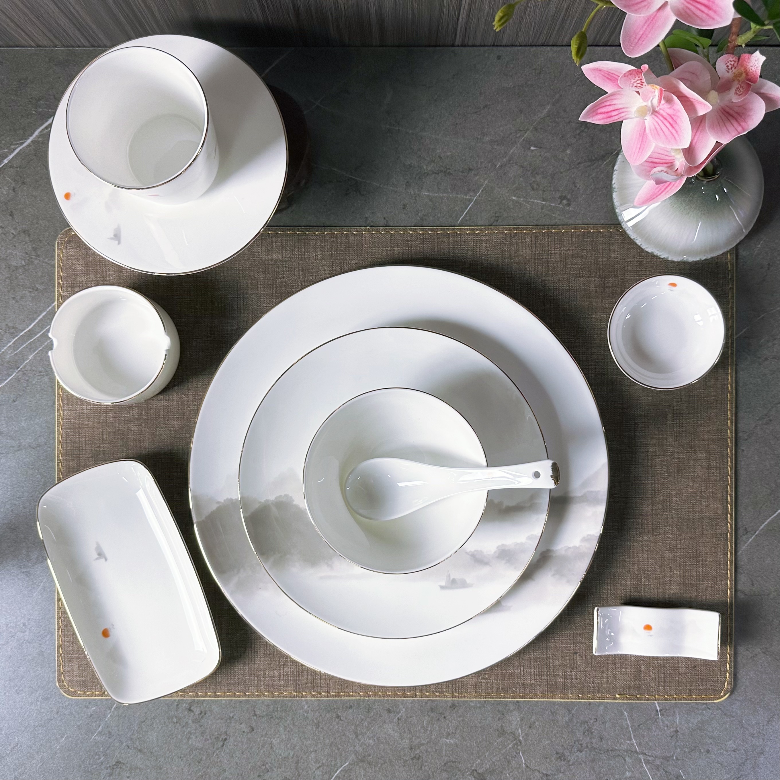 渡头落日系列高骨瓷餐具套装中式水墨国风陶瓷盘碗碟勺杯套装商用