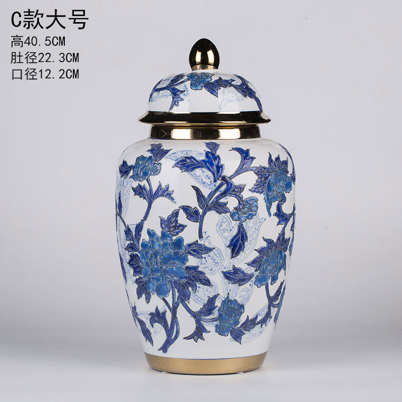 The minimum order quantity for ceramic ornaments is 12 sets. They are large-sized Chinese-style living room and office general jars, featuring real gold enameled flower technique, gold and hand-painted blue and white porcelain vases Item Picture