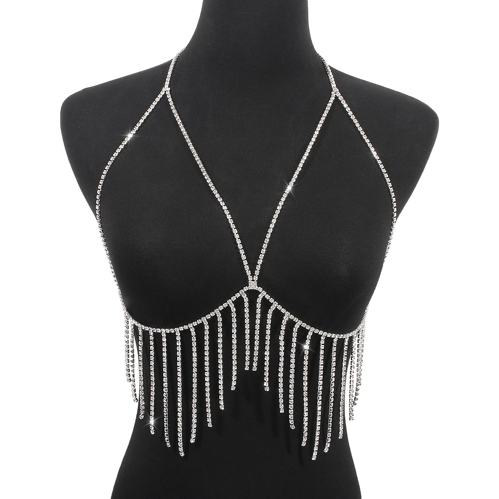 Exaggerated beach bikini in European and American style, sexy body chain, fashionable metal tassels and diamond-encrusted, elegant chest chain detail image 4