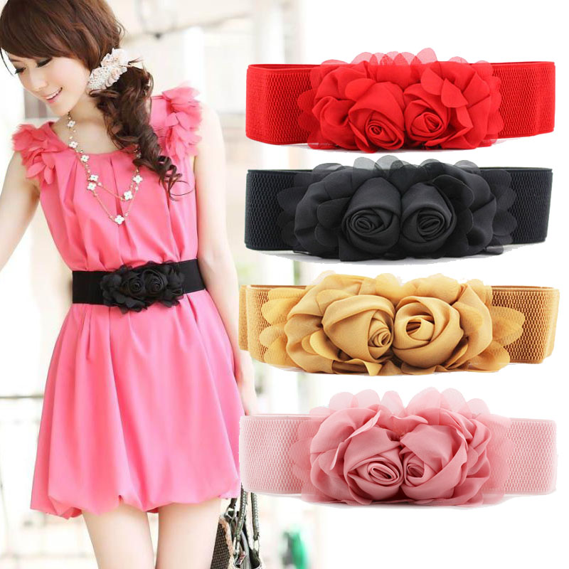 Chiffon rose double flower Korean version women's belt, women's decoration loose tight waist sealed belt, belt dress details Picture