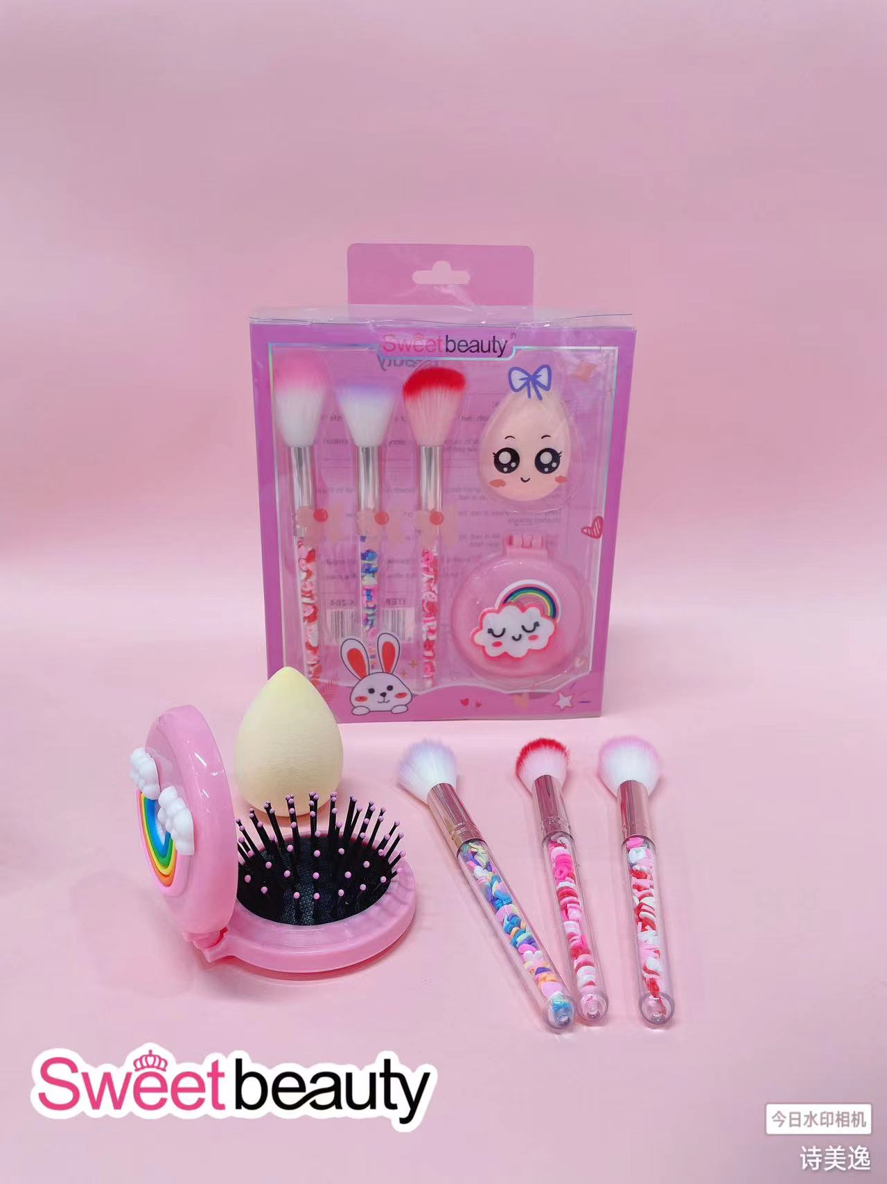 三只超柔软化妆刷+可爱少女气垫梳子按摩顺发梳便携韩版化妆镜梳子两用套装