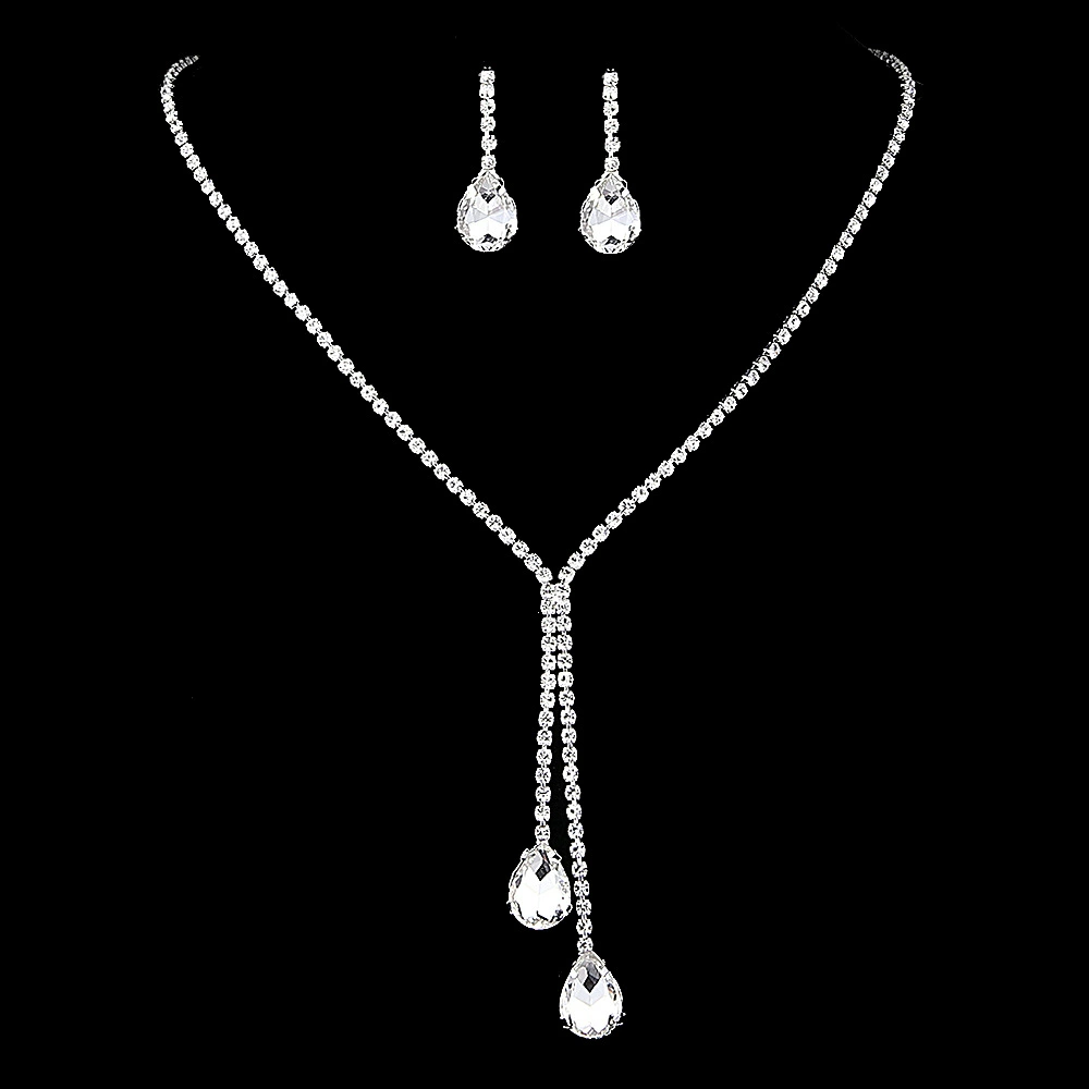 Simple Japanese and Korean water drop sparkling full diamond wedding claw chain water diamond dinner set, chain, necklace and earring set