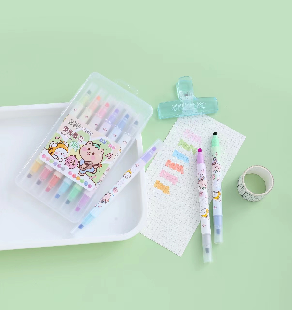 Double-headed, double-color colored highlighter pen, student key point marking pen, notebook pen