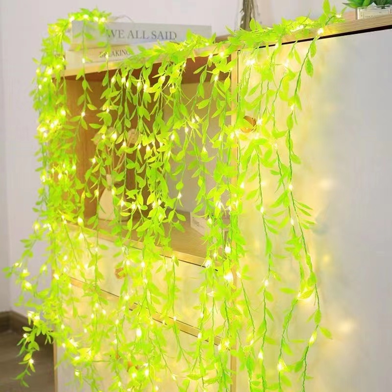 LED wicker light Copper wire curtain light hanging vine wicker string light wall hanging artificial plant fake leaf light channel wedding scene layout