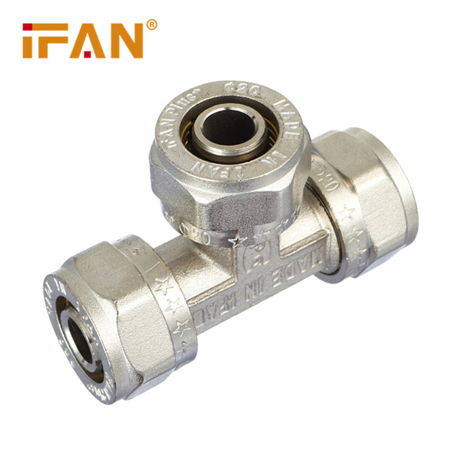 IFAN aluminum-plastic pipe copper joint, PEX pipe fittings ferrule joint, T16×16×16 electroplated three-way Specification image