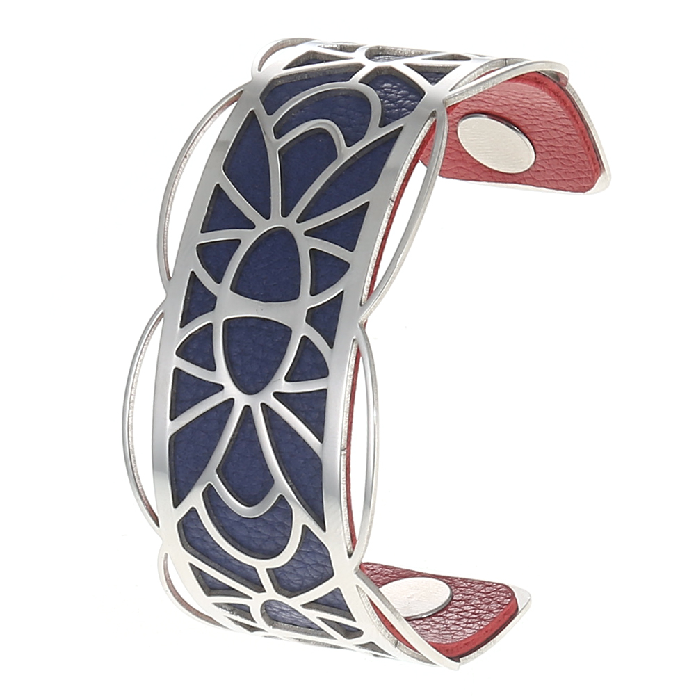 欧美时尚304不锈钢缕空几何开口DIY手镯PU皮