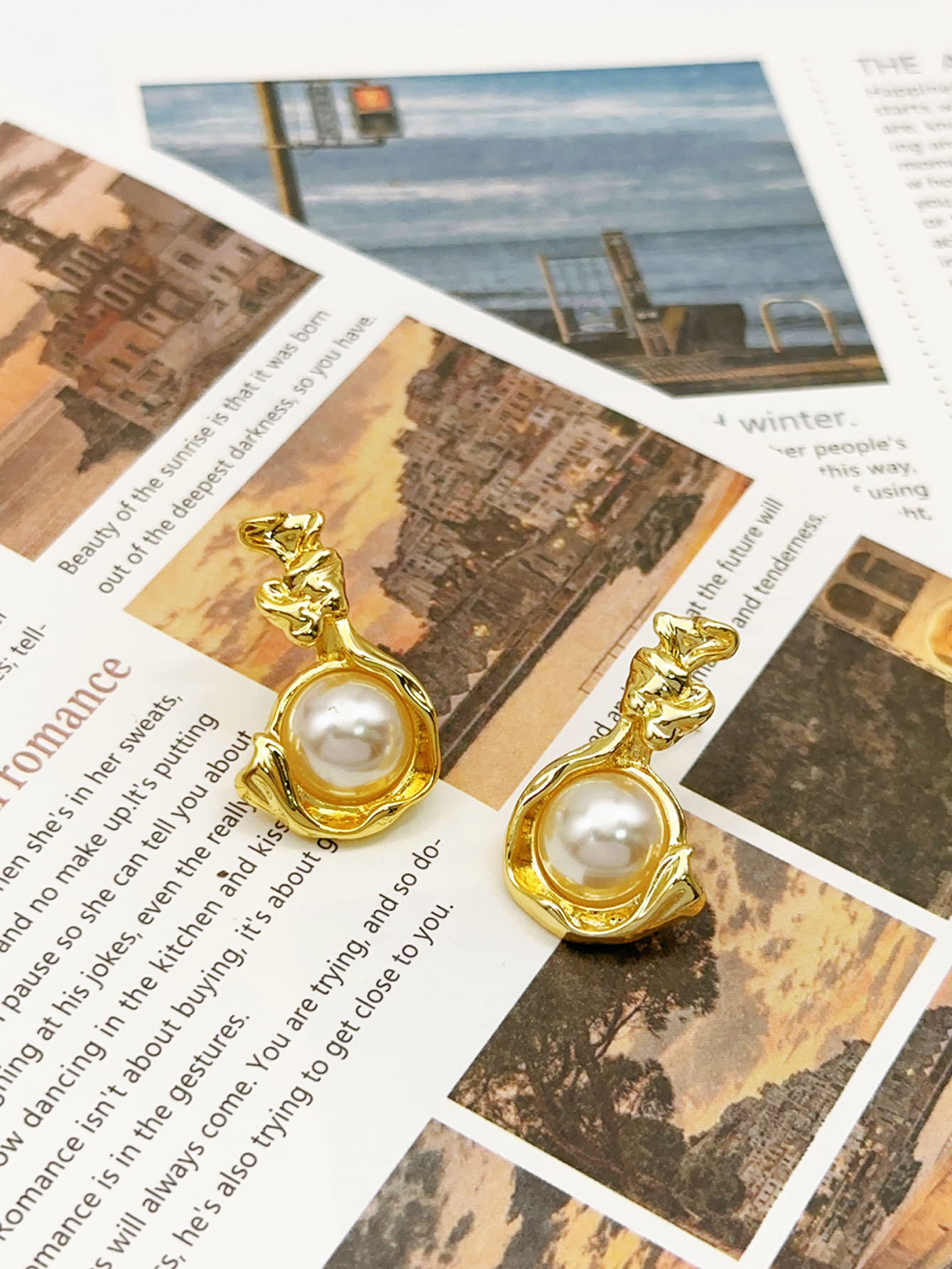 法式复古风几何金属耳环珍珠镶嵌气质百搭耳钉女