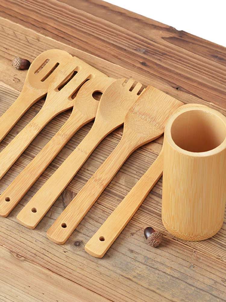 Jiehao Bamboo and Wood Long multi-functional storage bamboo tube, Special unpainted household cooking spatula and spoon set that doesn't occupy the pot Specification image