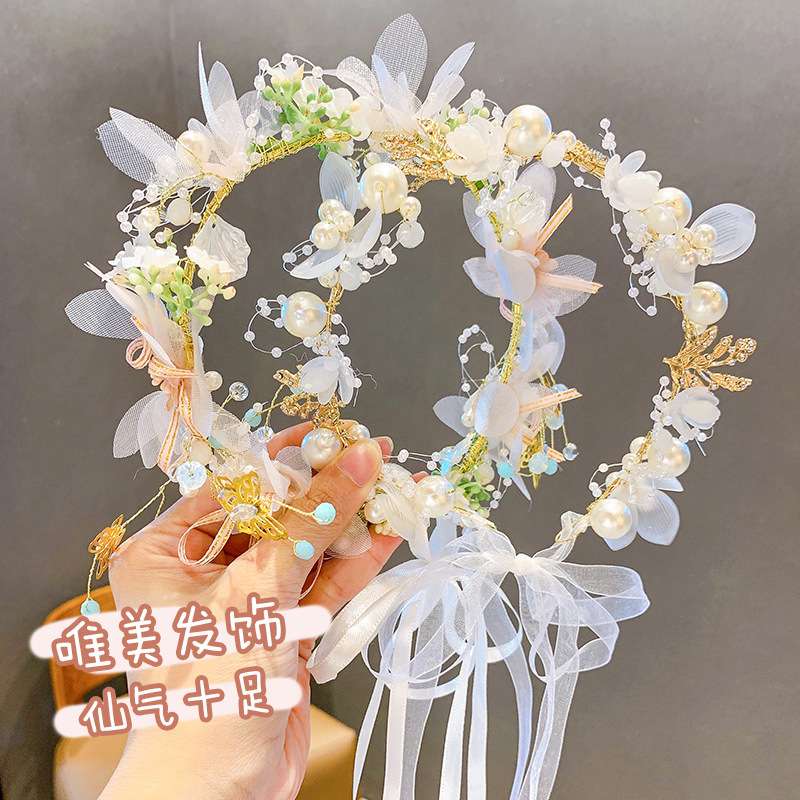 Douyin's same style flower, bead, ribbon, garland, braid, ribbon, exquisite princess hair accessory, elegant girl's tulle hair band, national trend series Specification image