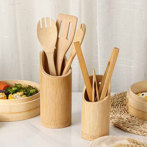 Jiehao Bamboo and Wood Long multi-functional storage bamboo tube, Special unpainted household cooking spatula and spoon set that doesn't occupy the pot
