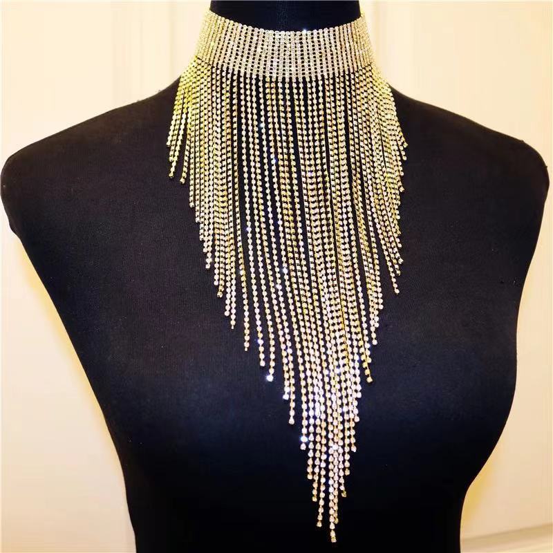 Cross-Border Fashion Luxury Rhinestone Tassel Necklace Simple Everything Choker Exaggerated New Diamond-Set Collarbone Chain Choker details Picture