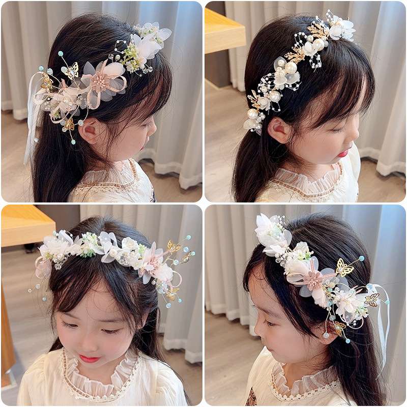 Douyin's same style flower, bead, ribbon, garland, braid, ribbon, exquisite princess hair accessory, elegant girl's tulle hair band, national trend series details Picture