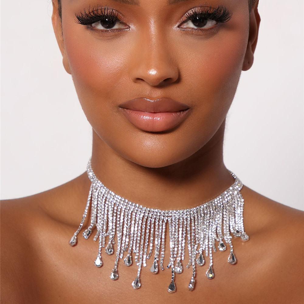 Europe And The United States Cross-Border Sales Of Shiny Rhinestone Long Fringe Necklace Women's Temperament Fashion Crystal Pendant Collarbone Chain Wholesale details Picture