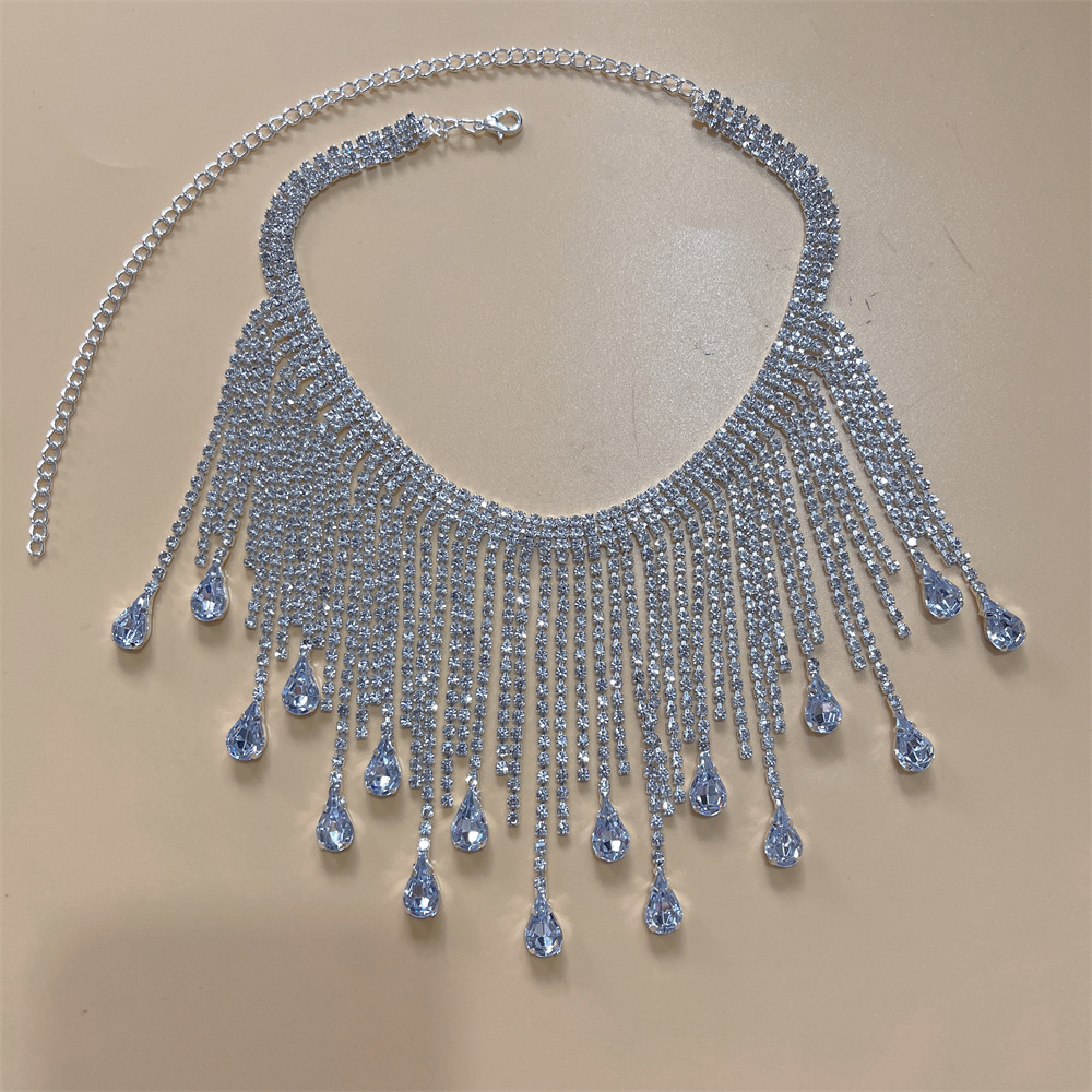 Europe And The United States Cross-Border Sales Of Shiny Rhinestone Long Fringe Necklace Women's Temperament Fashion Crystal Pendant Collarbone Chain Wholesale