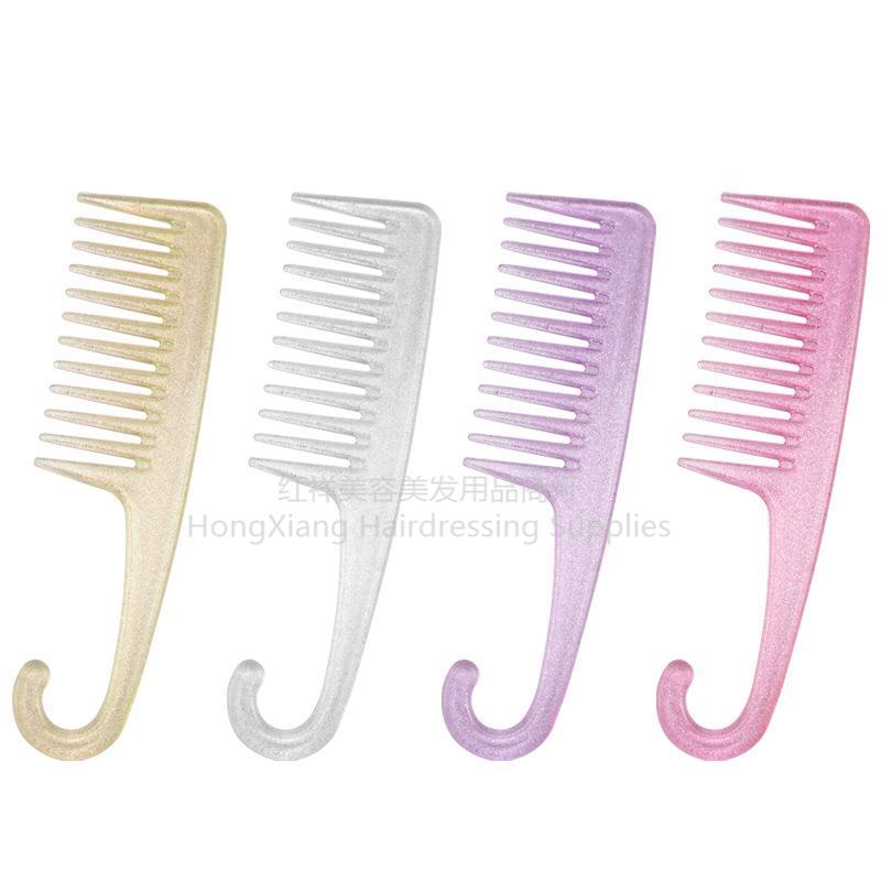 彩色透明/散粉宽齿梳/女士长发顺发/大齿梳塑料耐高温/金粉大弯梳产品图