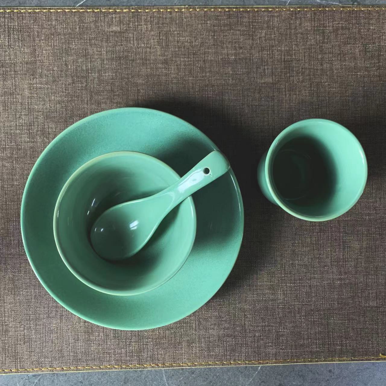 Tang Yun Kiln Transformation Green Series Ceramic Tableware Four-piece Set, antique Chinese style display table, plate, bowl, cup and spoon, hotel, commercial and household Specification image