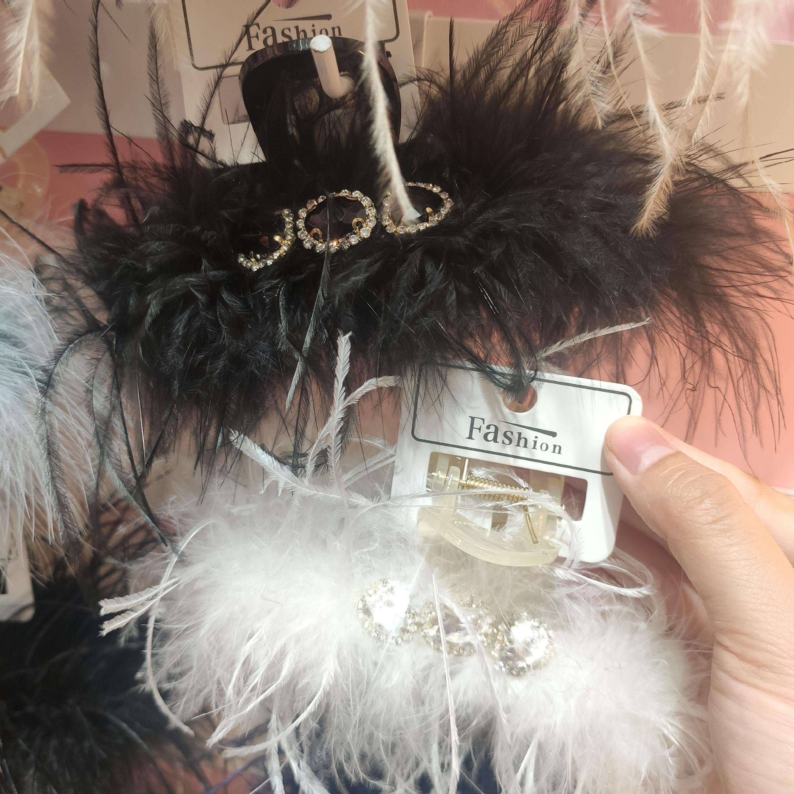 Live-Action White Rhinestone Ostrich Hair Grab Clip Shark Clip Ins Wind Headwear Hair Accessories Go With Everything Specification drawing