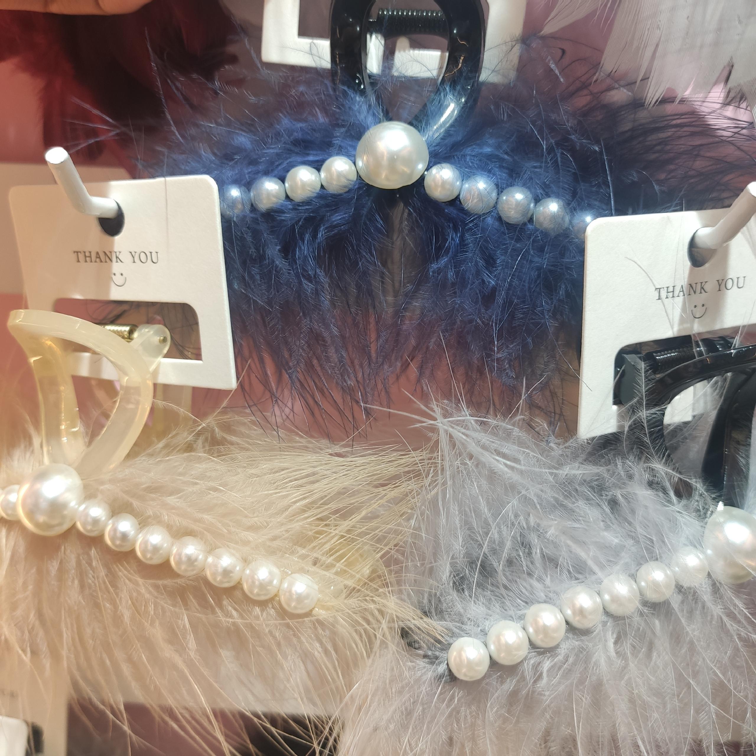 Grey Pearl Ostrich Hair Grab Clip Shark Clip Ins Wind Headwear Hair Accessories Specification drawing