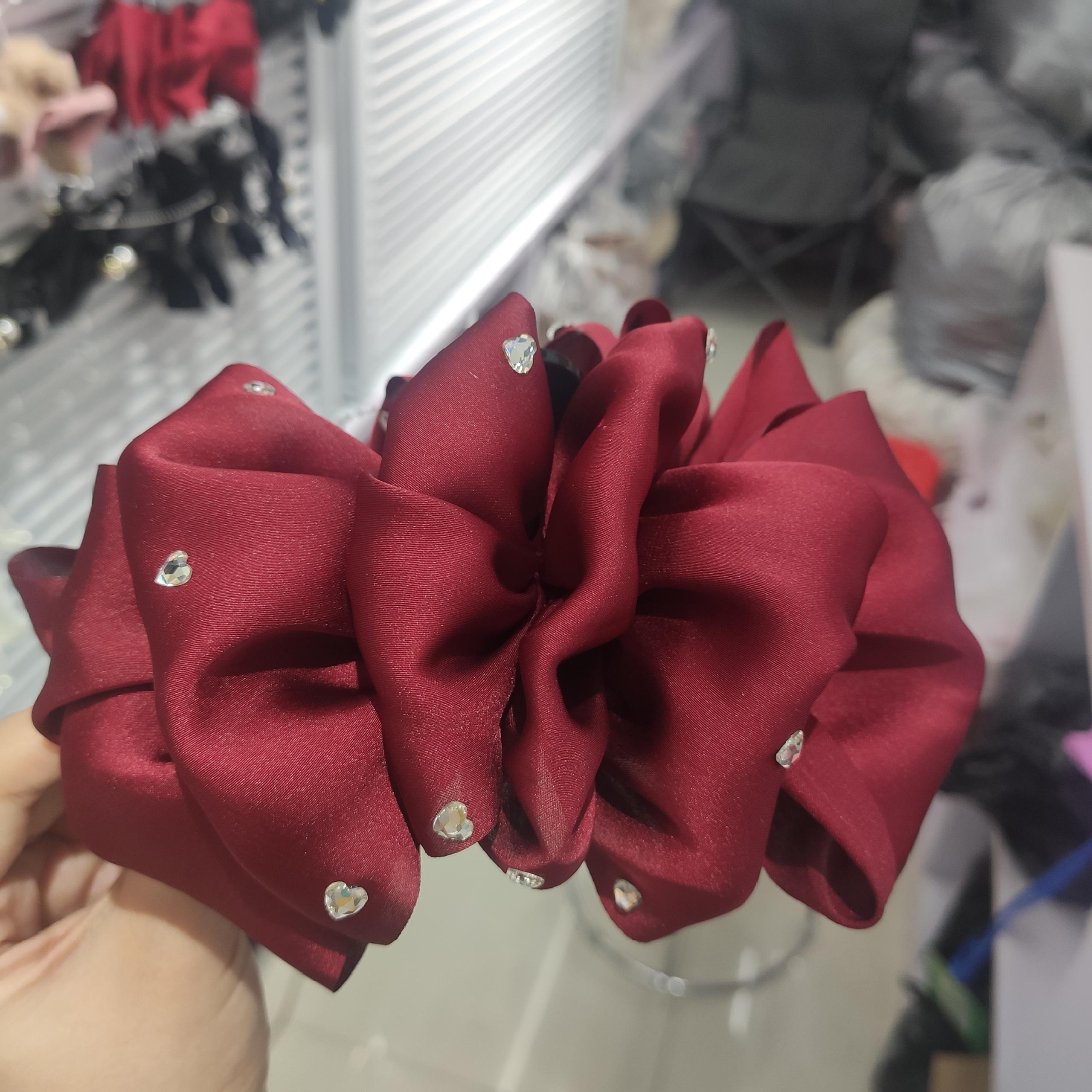 Real Shot Red Rhinestone French Vintage Solid Color Satin Oversized Hair Grab Pin Hair Clip Back Head Headwear Professional Korean Hair Accessories