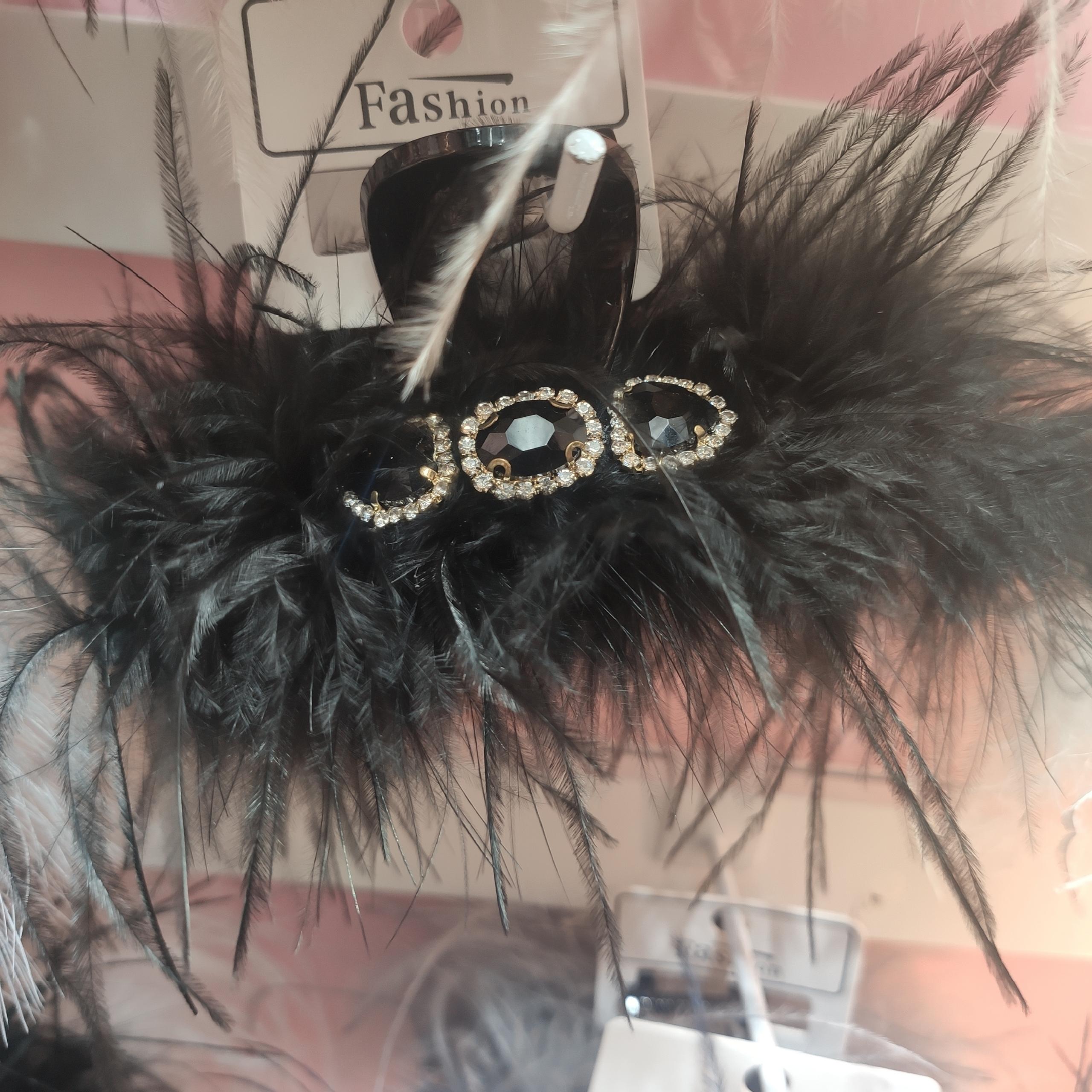 Live Black Rhinestone Ostrich Hair Grab Clip Shark Clip Ins Wind Headwear Hair Accessories Go With Everything