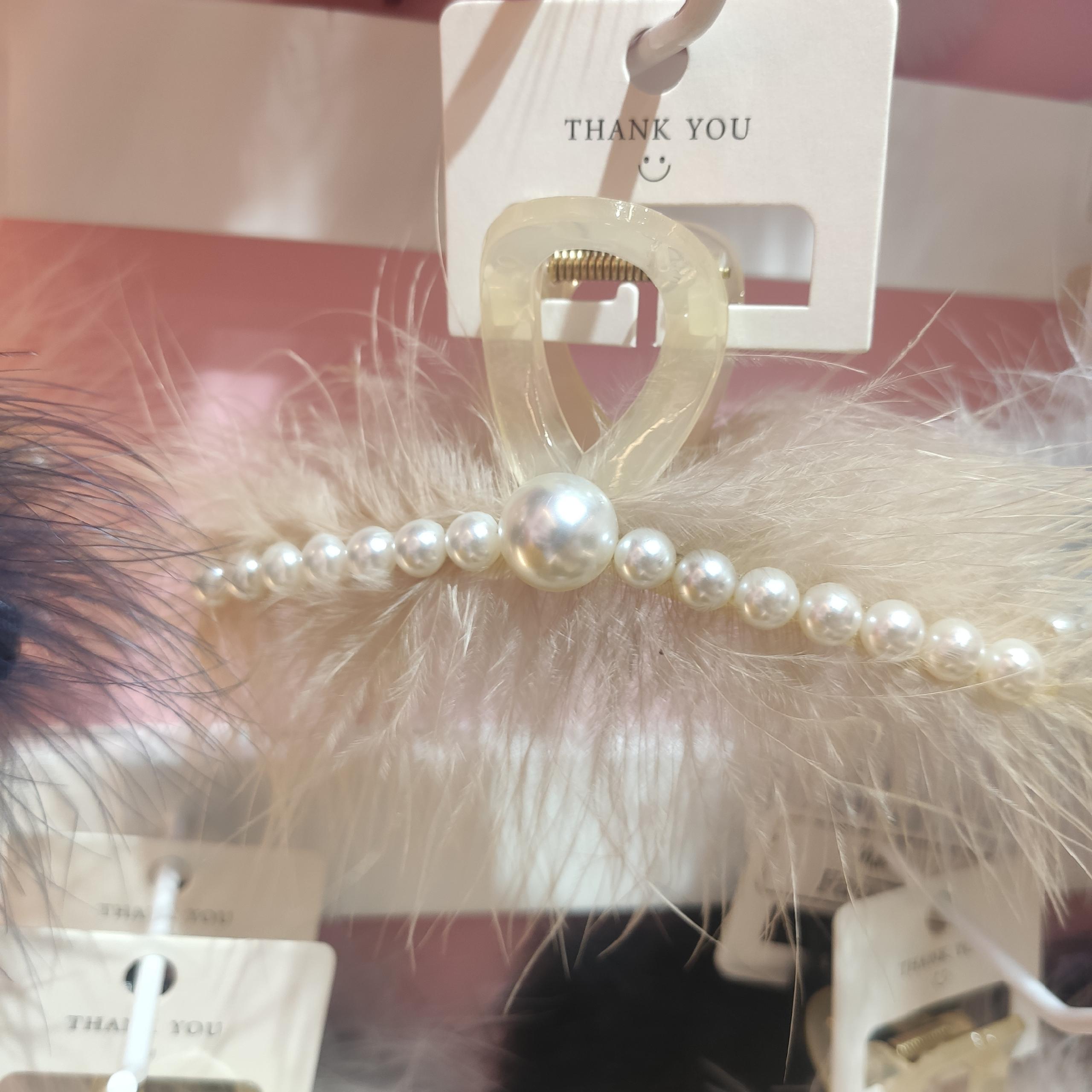 White Pearl Ostrich Hair Grab Clip Shark Clip Ins Wind Headwear Hair Accessories