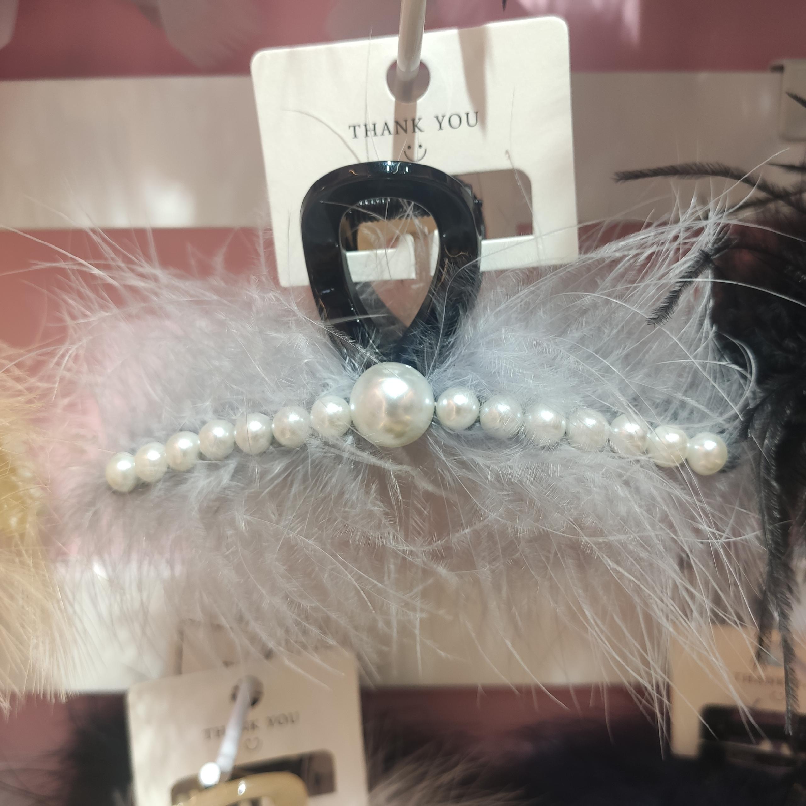 Grey Pearl Ostrich Hair Grab Clip Shark Clip Ins Wind Headwear Hair Accessories