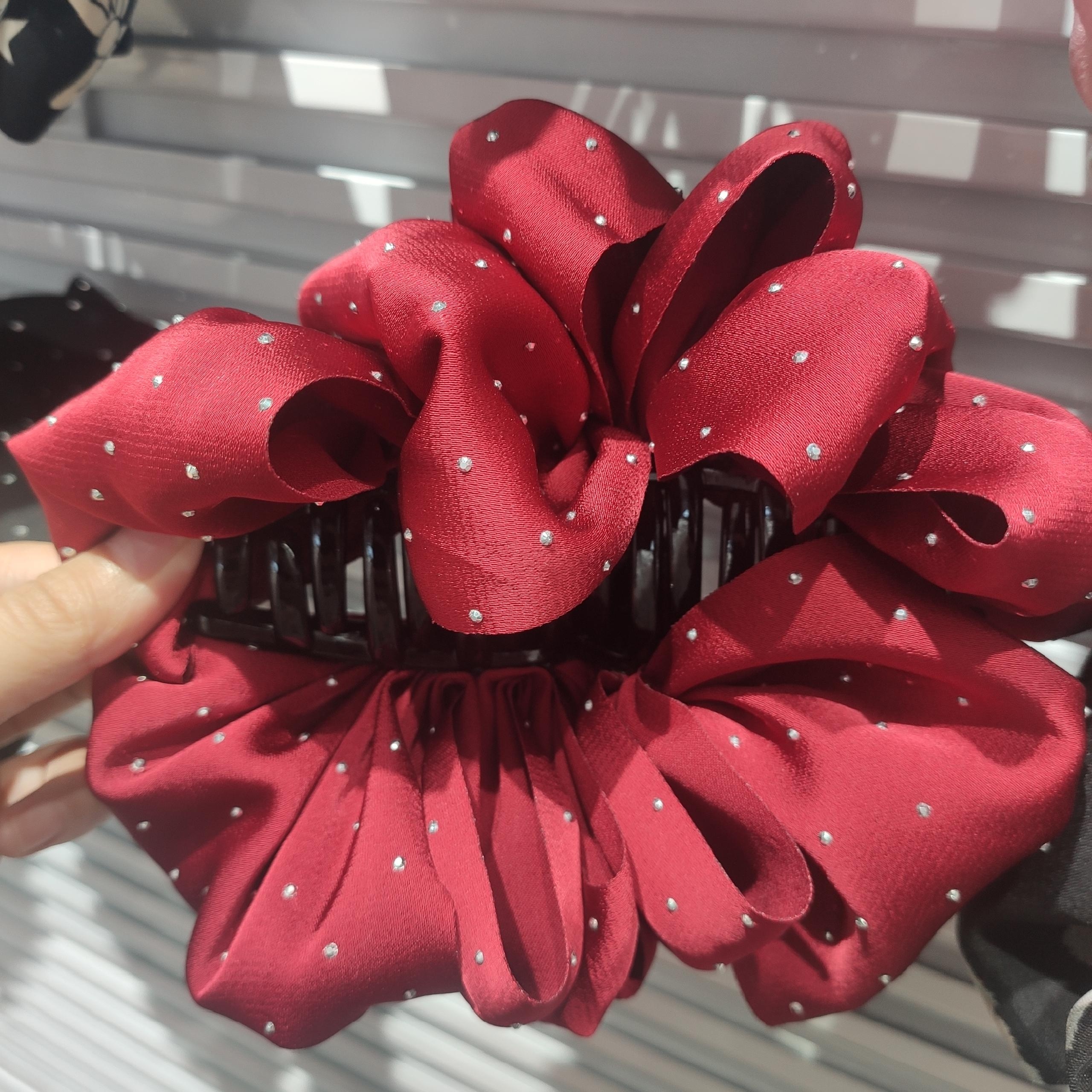 Real Shot Red Stick Diamond French Vintage Solid Color Satin Oversized Hair Grab Pin Hair Clip Back Head Headwear Professional Korean Hair Accessories details Picture