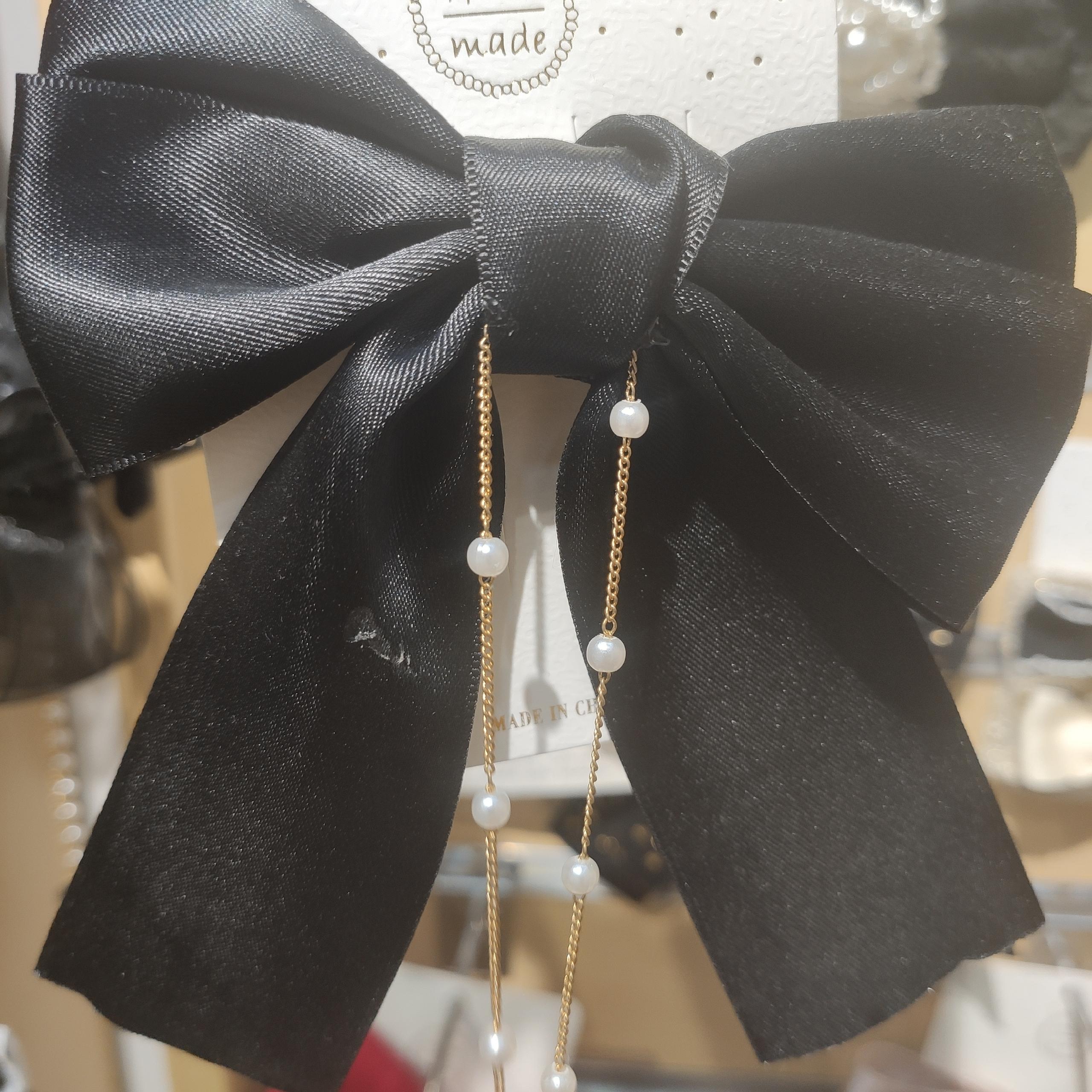 Shot Black Pearl String Silk Bow Spring Clip Ins Wind Headwear Hair Accessories details Picture