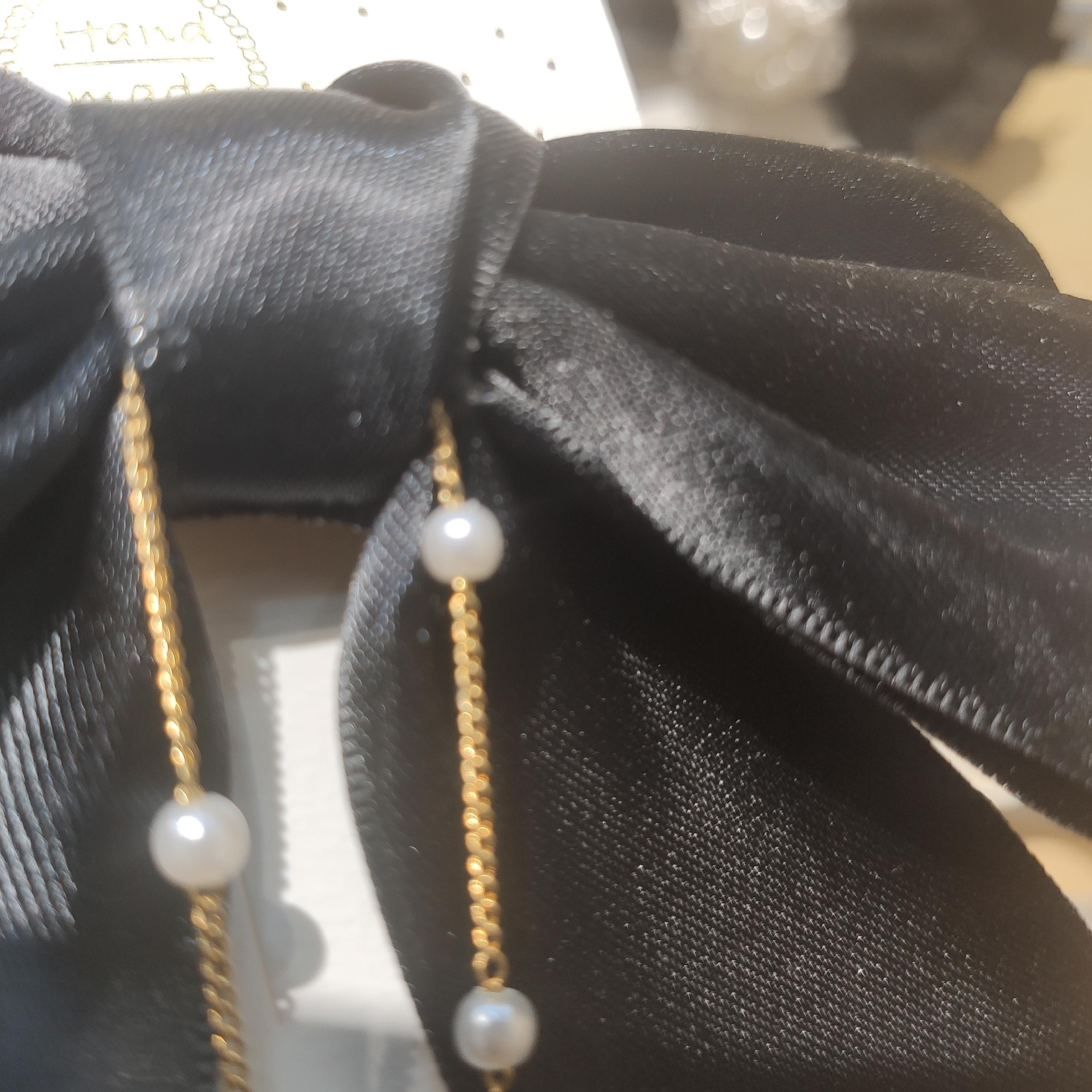 Shot Black Pearl String Silk Bow Spring Clip Ins Wind Headwear Hair Accessories
