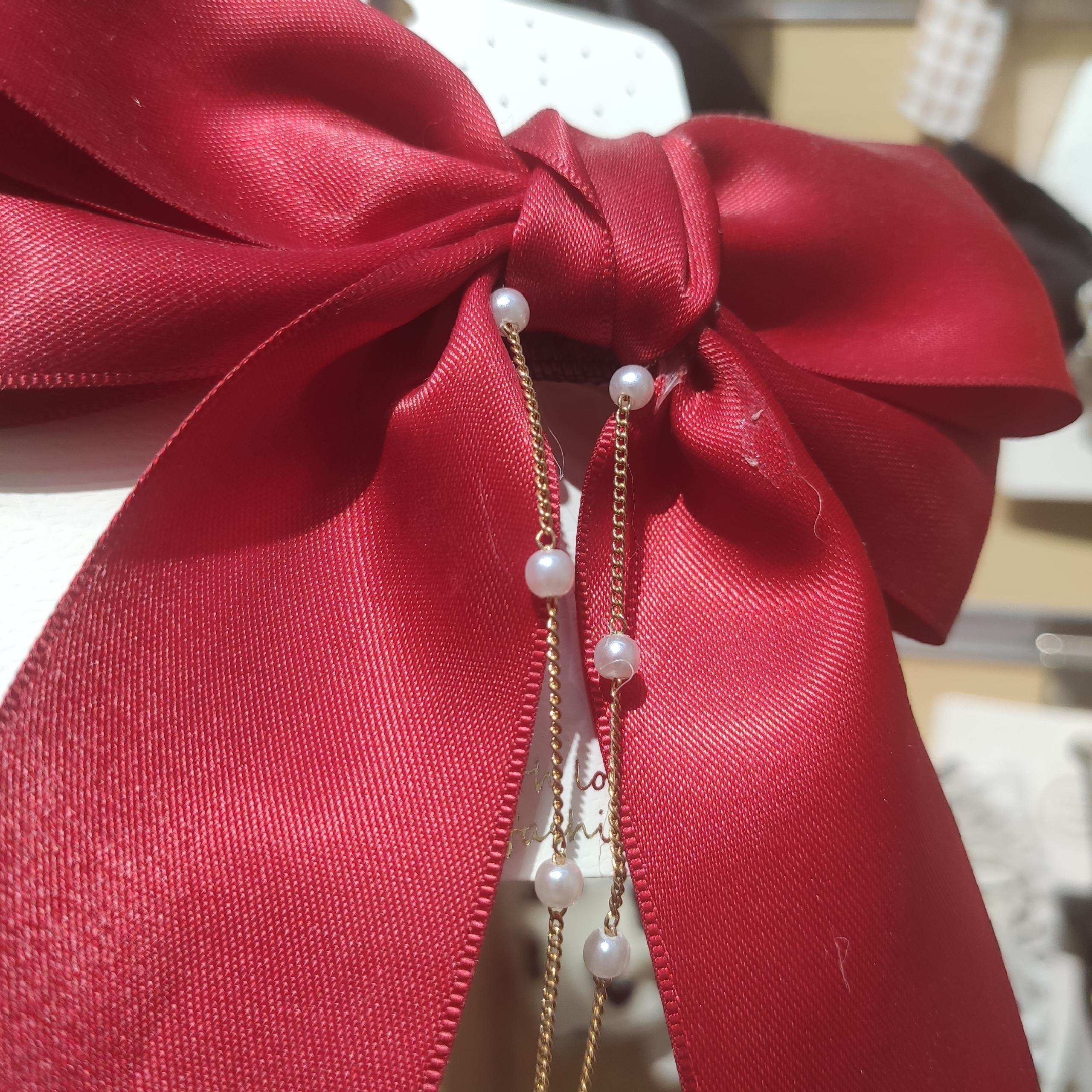 Real Shot Red Pearl String Silk Bow Spring Clip Ins Wind Headwear Hair Accessories details Picture