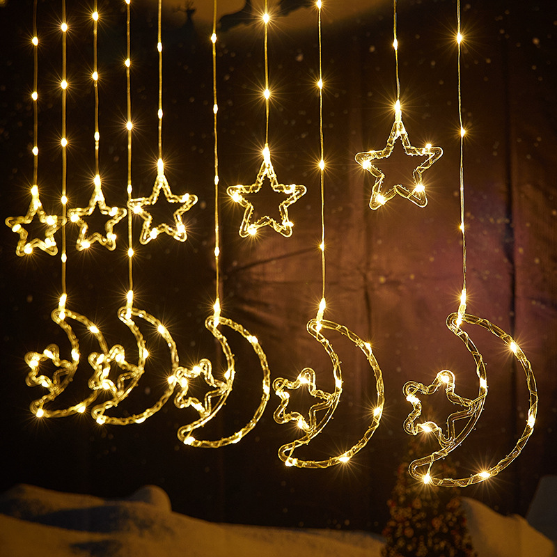 跨境新品圣诞装饰星月窗帘灯节日氛围装饰星星雪花圣诞树皮线灯串详情2