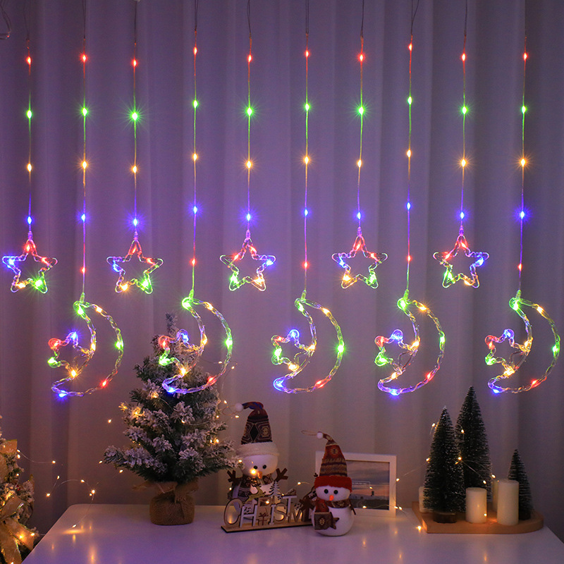 跨境新品圣诞装饰星月窗帘灯节日氛围装饰星星雪花圣诞树皮线灯串