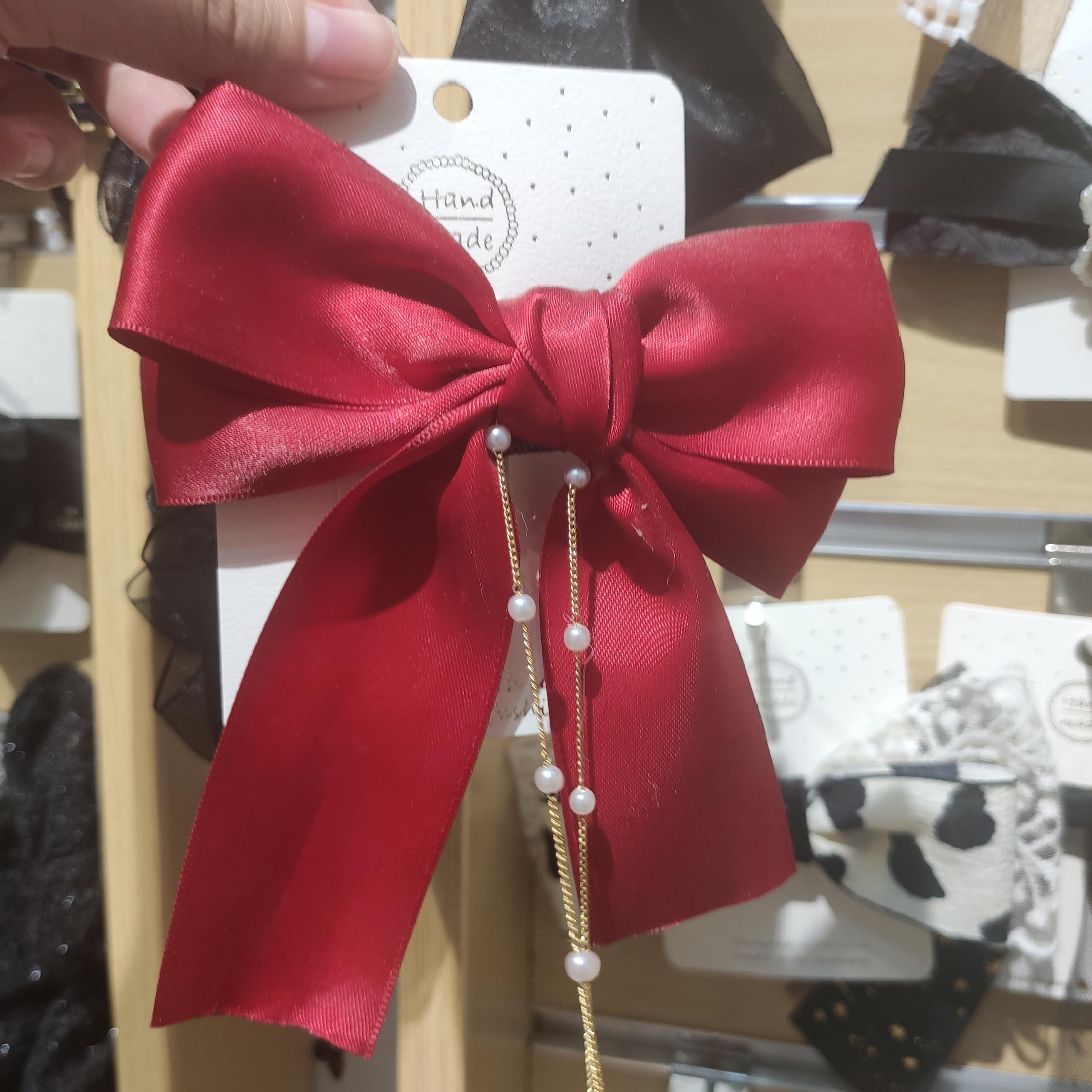 Real Shot Red Pearl String Silk Bow Spring Clip Ins Wind Headwear Hair Accessories
