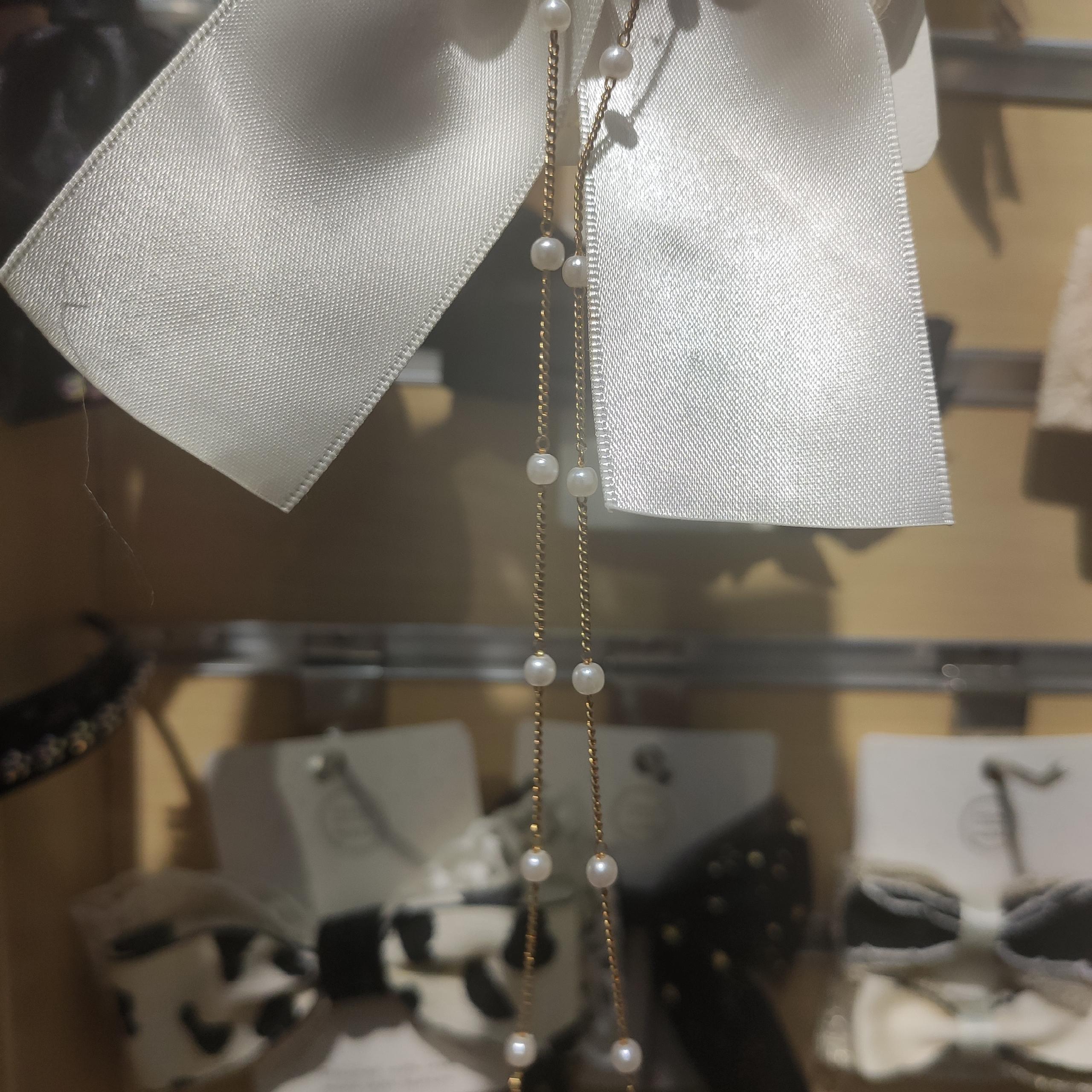 Real White Pearl String Silk Bow Spring Clip Ins Wind Headwear Hair Accessories Item Picture