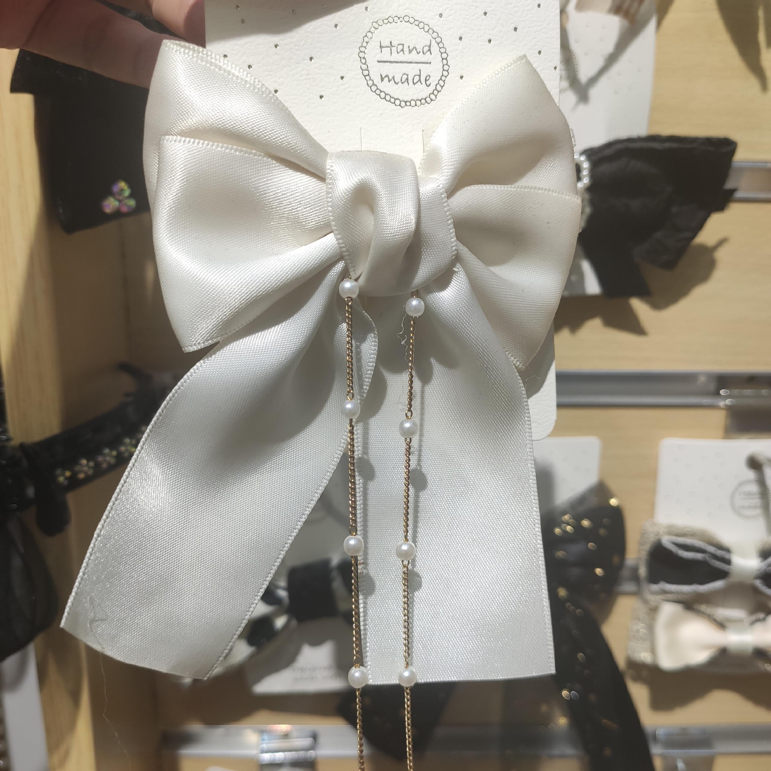 Real White Pearl String Silk Bow Spring Clip Ins Wind Headwear Hair Accessories