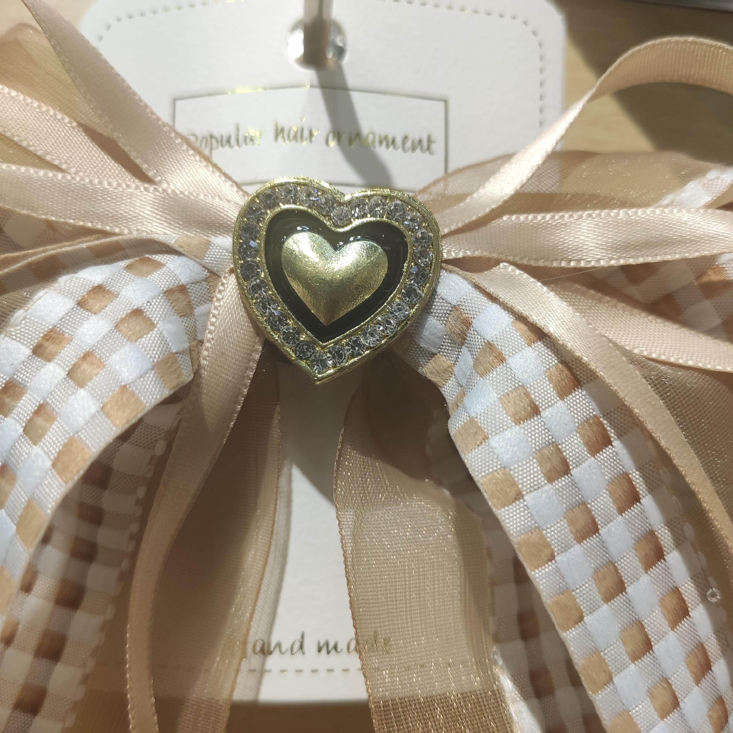 Authentic Beige Heart Decorative Plaid Ribbon Bow Hair Clip Vintage Gentle Hair Clip Spring details Picture