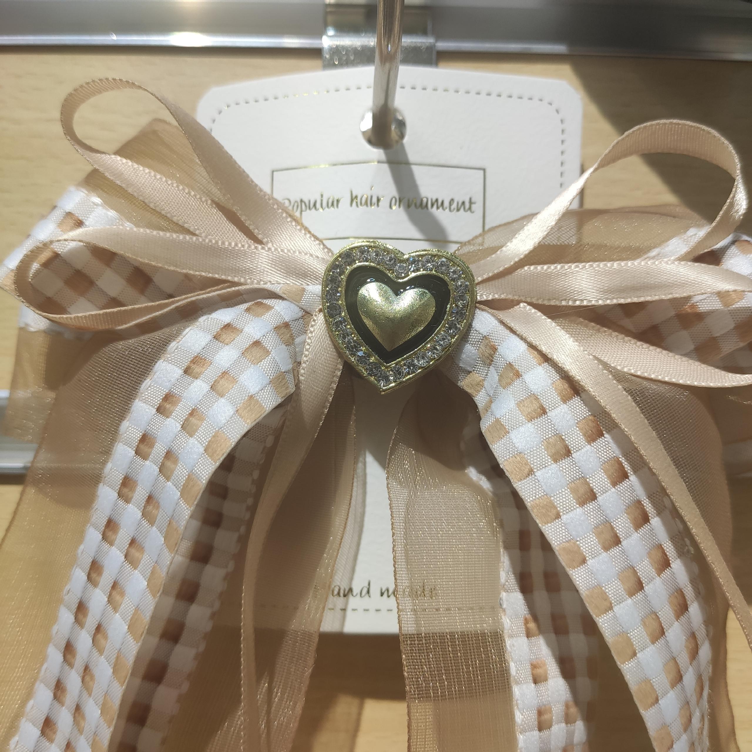 Authentic Beige Heart Decorative Plaid Ribbon Bow Hair Clip Vintage Gentle Hair Clip Spring