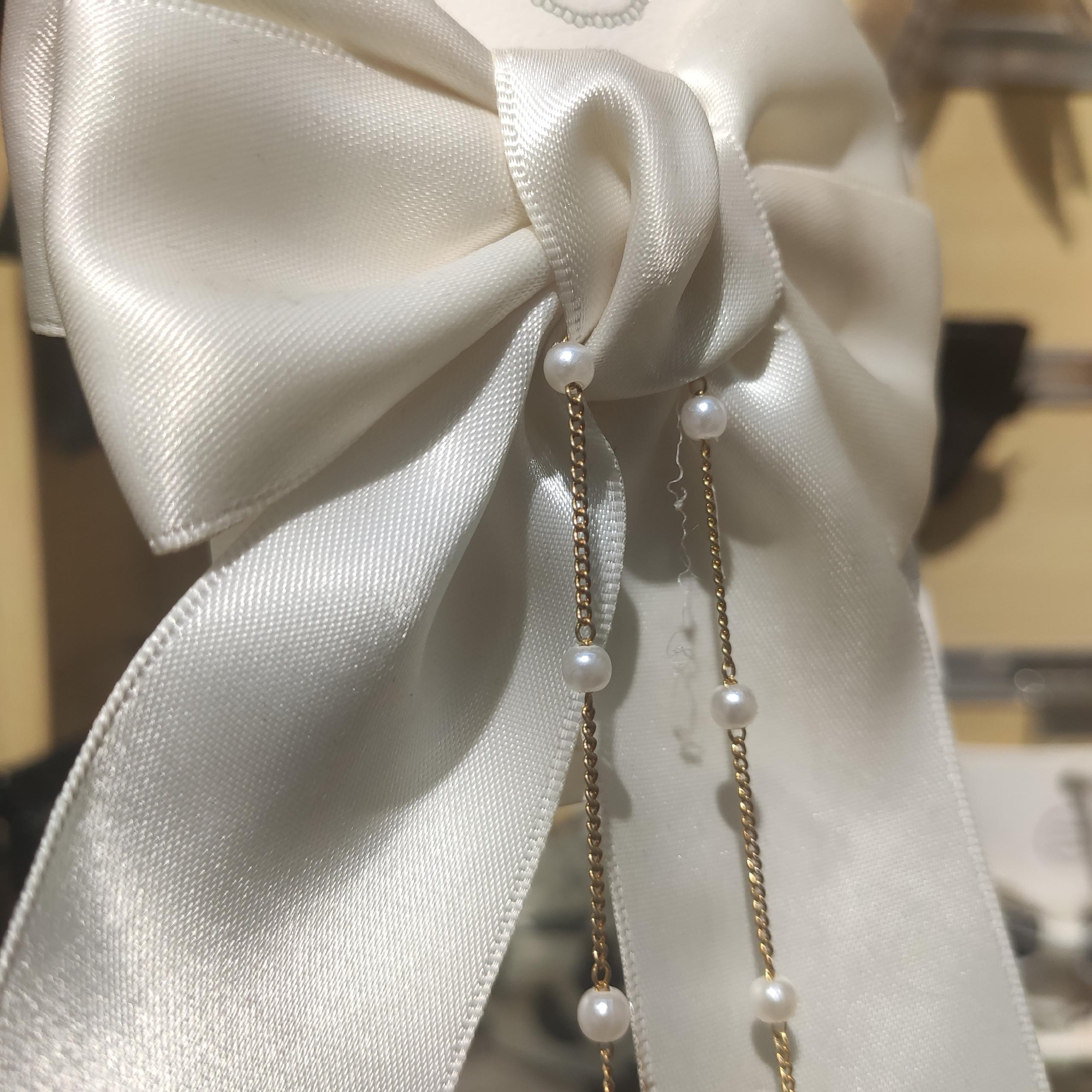 Real White Pearl String Silk Bow Spring Clip Ins Wind Headwear Hair Accessories Specification drawing